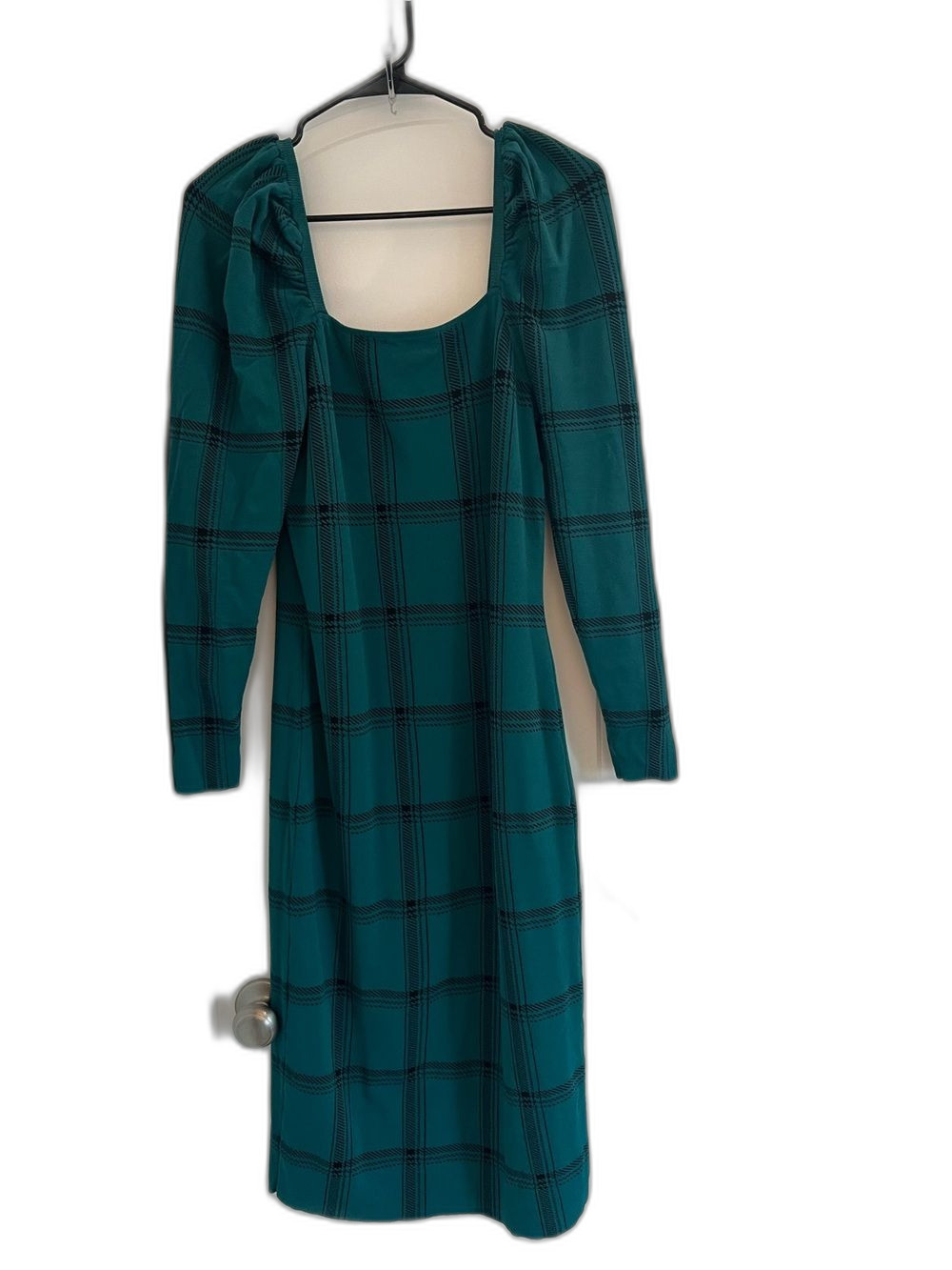 NY&C New York & Company Dark Green Plaid Ruched Shoulder Midi Dress L Tall